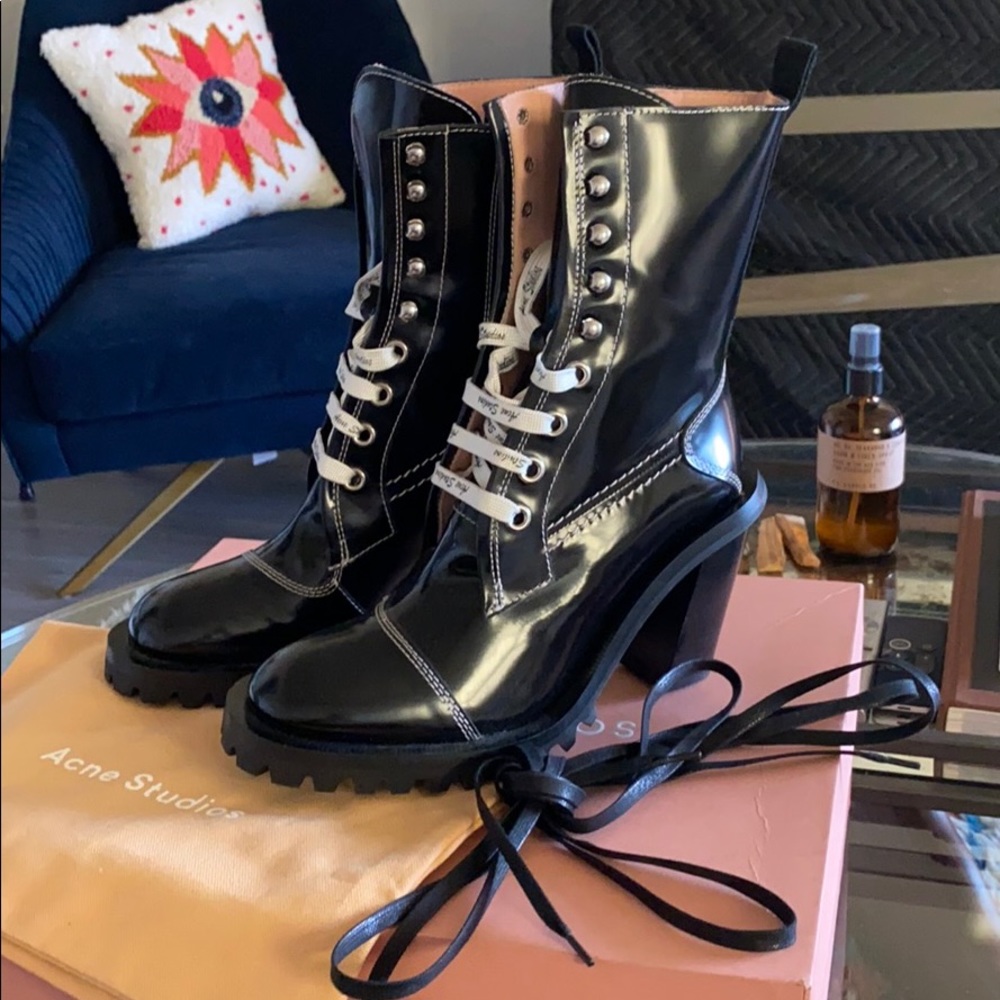 Acne Studio Block-heel Topstitched Leather Boots Size 38